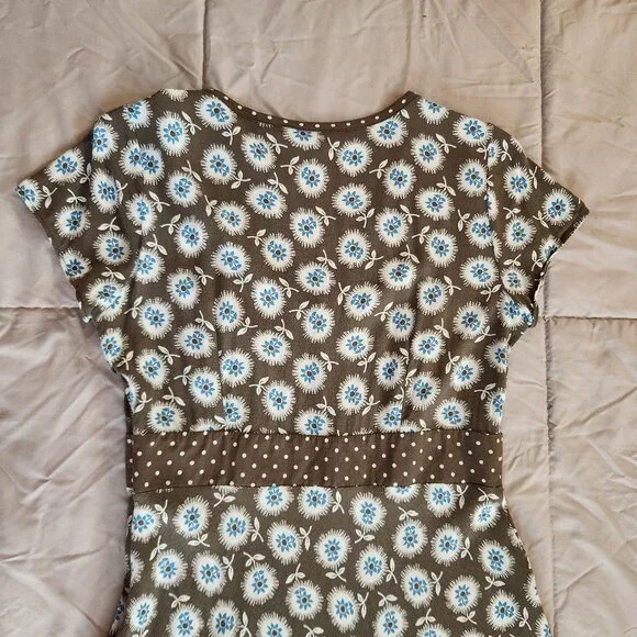 Boden Empire Waist Midi Dress Brown Blue Polka Dot Floral - Picture 4 of 11